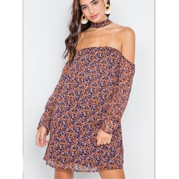 Lulu's En Creme Off The Shoulder Strappy Cage Back Long Sleeve Choker Neck Dress - Picture 3 of 6